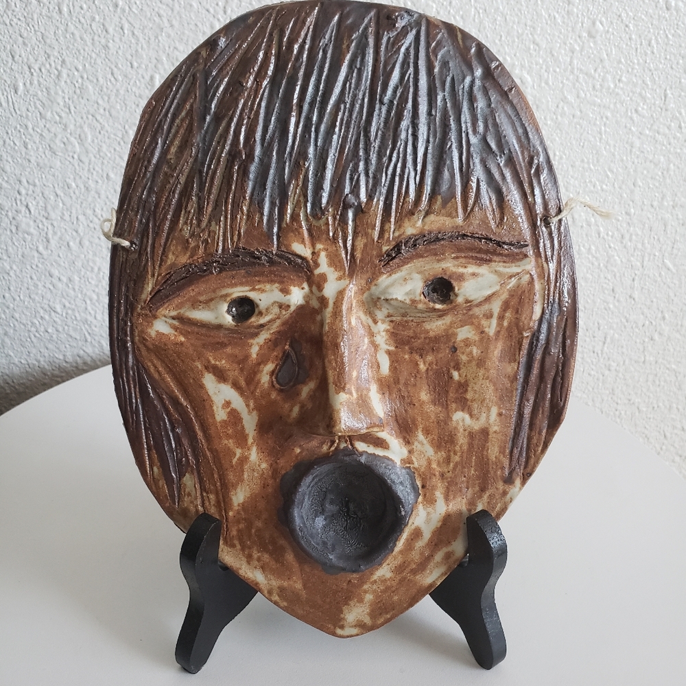 #Art Pottery Clay Ceramic Crying  Face Wall Decor Signed By Artist